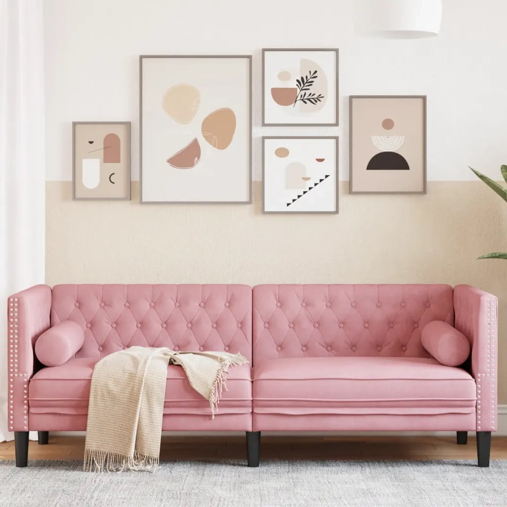 Divano Chesterfield con Rinforzi a 3 Posti Rosa in Velluto 372696