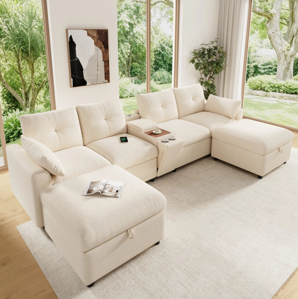 Divano angolare modulare 6 posti a U/L in ciniglia beige con 2 pouf contenitore e USB/Type-C