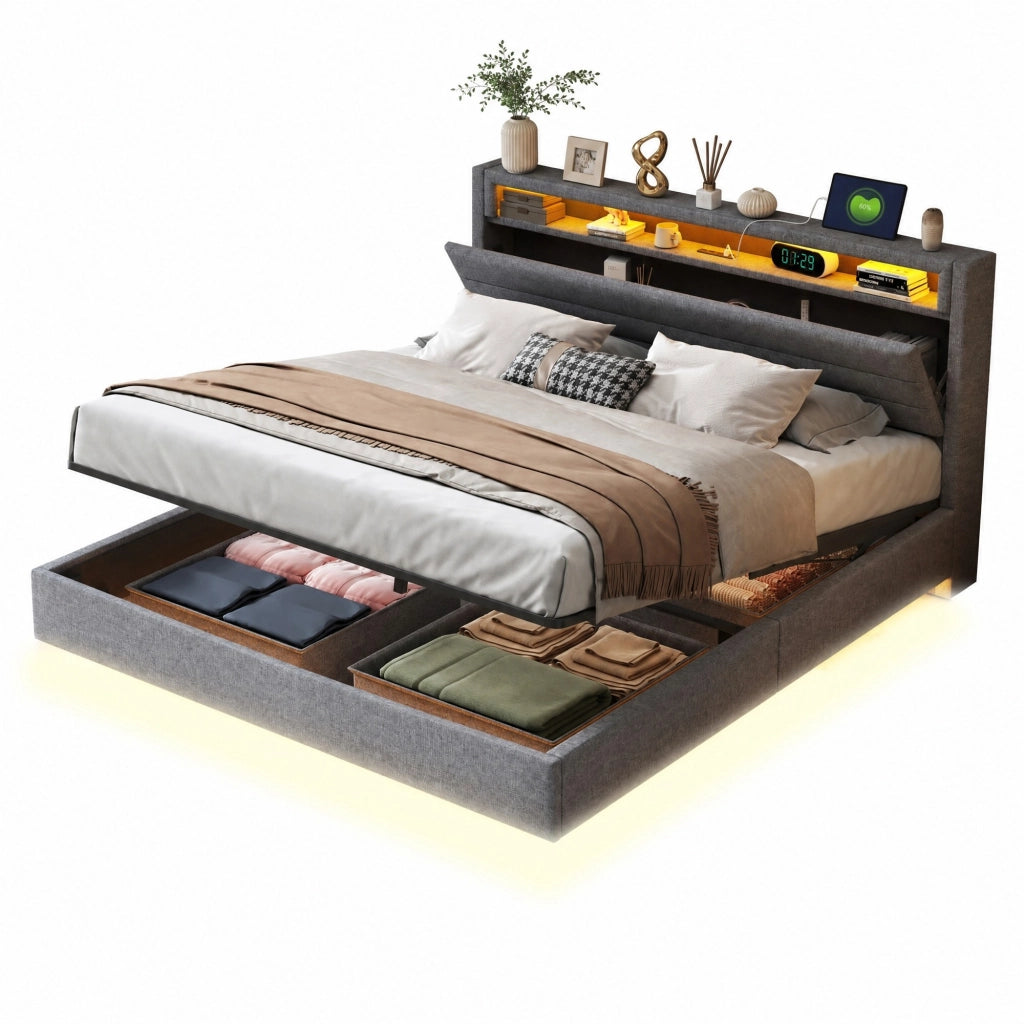 Letto matrimoniale contenitore 160x200 cm imbottito in tessuto di lino grigio con LED e presa USB