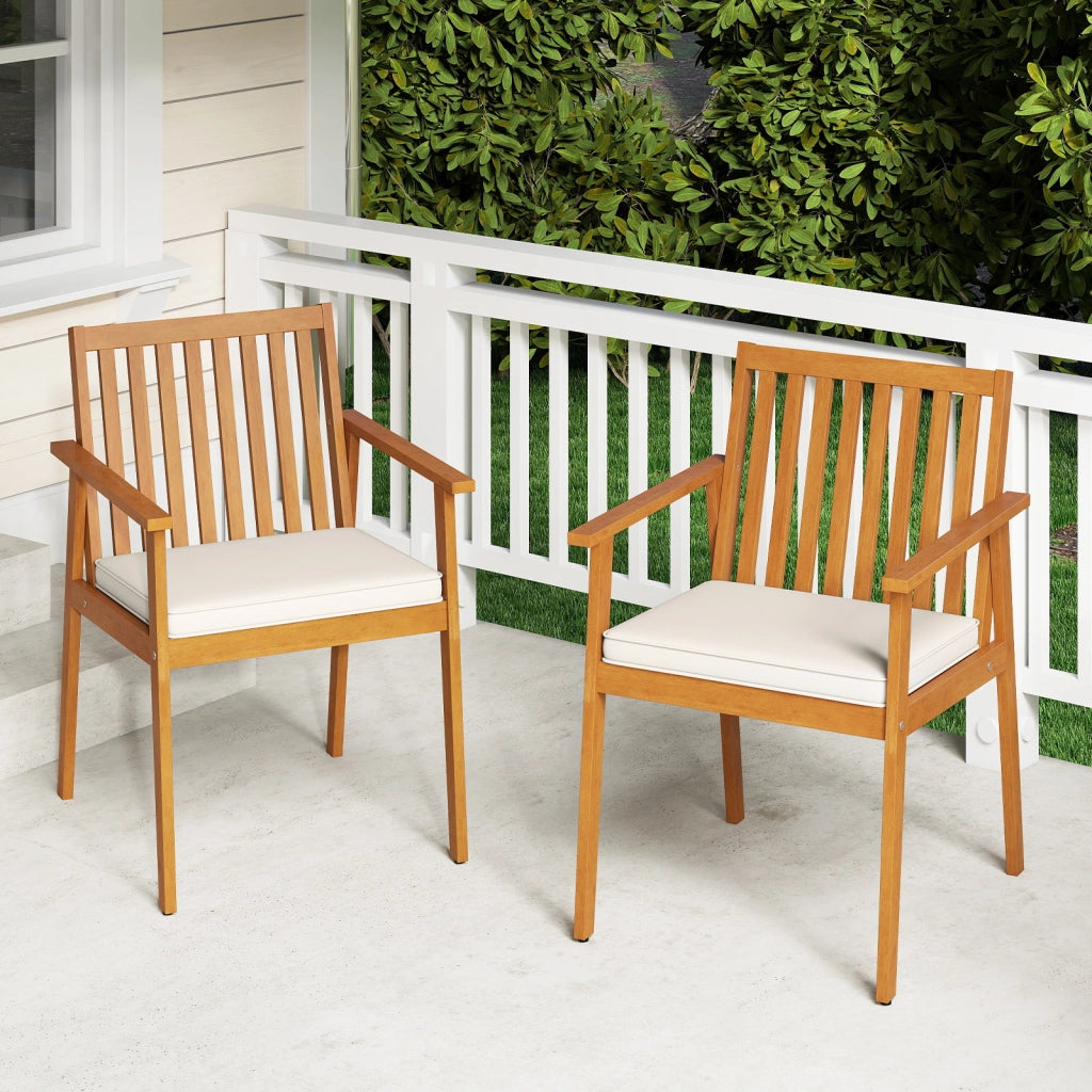 Set sedie pranzo patio 2 acacia legno cuscino imbottito, Set sedie esterne braccioli 180kg portata rimovibile Marrone