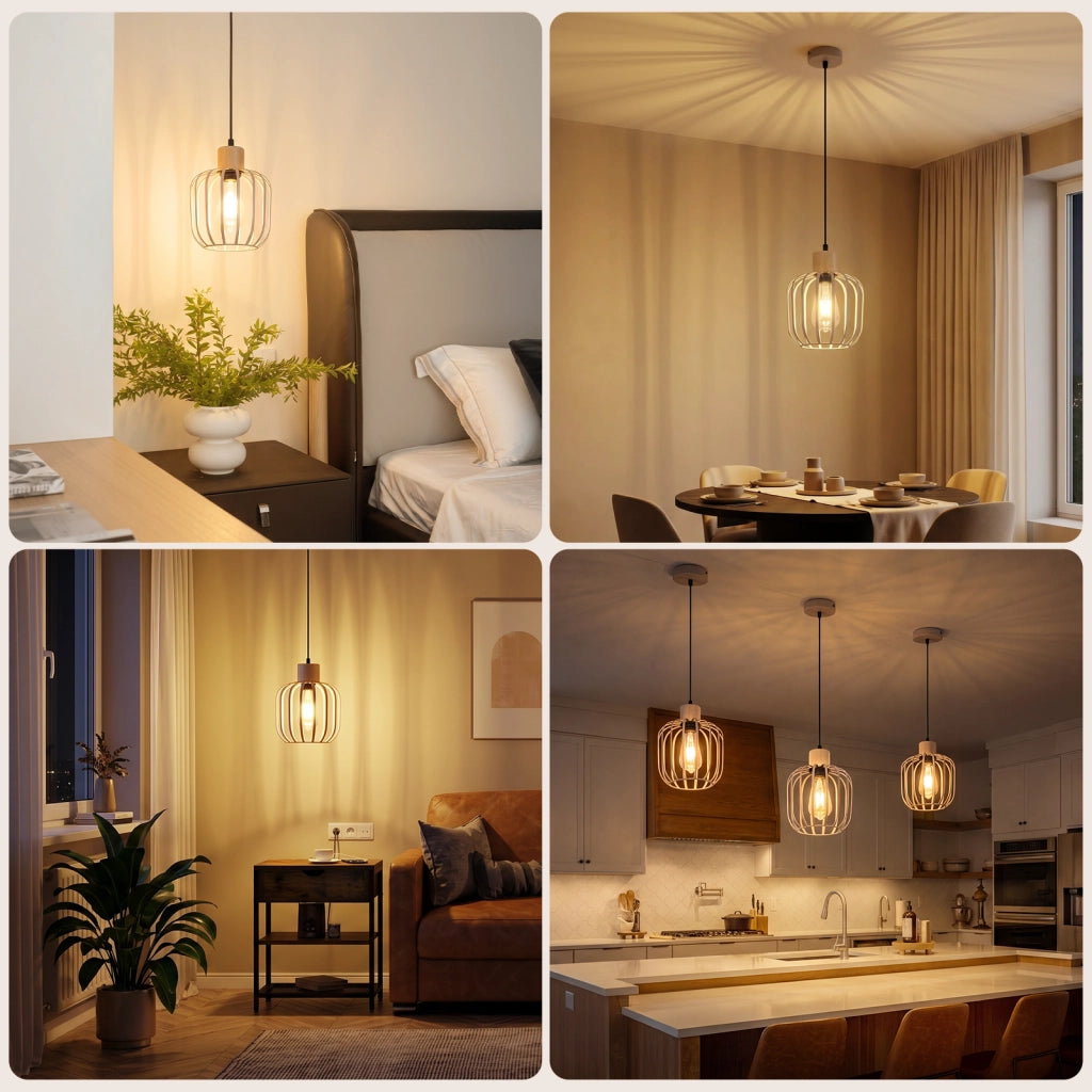ZMH Lampada a Sospensione 1 Luce Legno Grigio E27 Moderna per Soggiorno Cucina Isola Corridoio Senza Lampadina