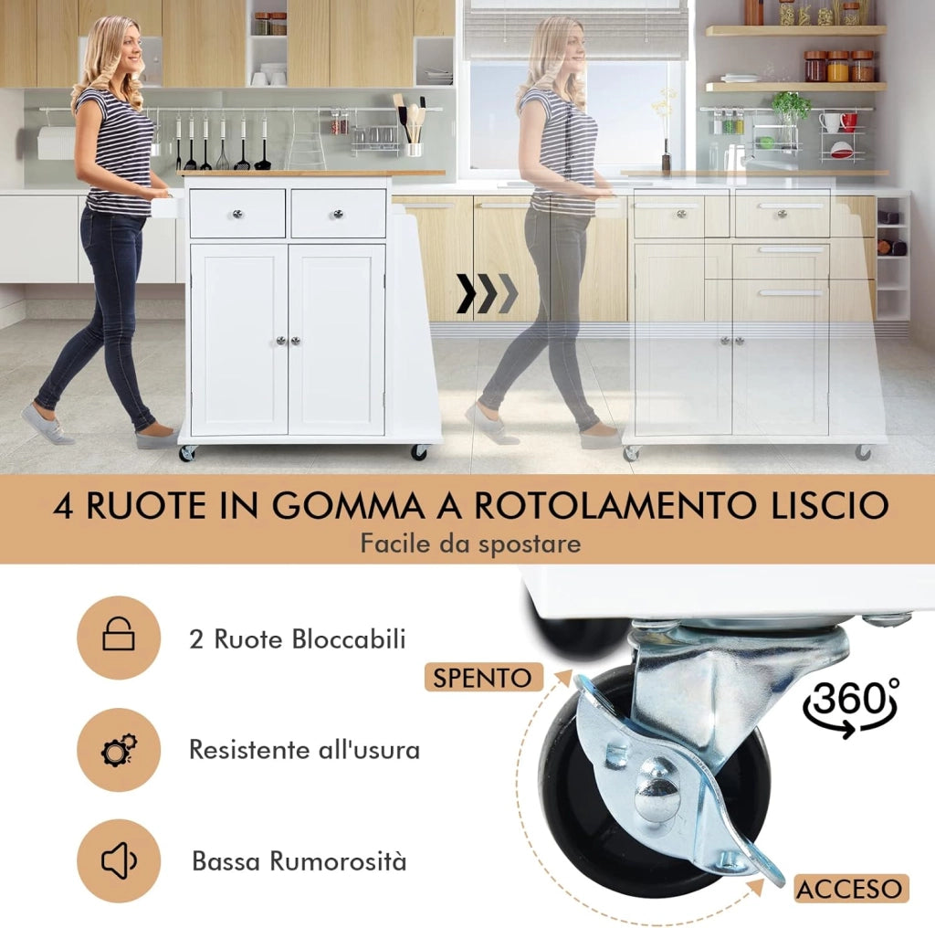 Carrello di Servizio Cucina con Ruote, 2 Cassetti e Portaspezie, Portasciugamani e 2 Porte, Ideale per Casa Ristorante e Bar, MDF + legno di gomma 88x45x89,5 cm (Bianco)