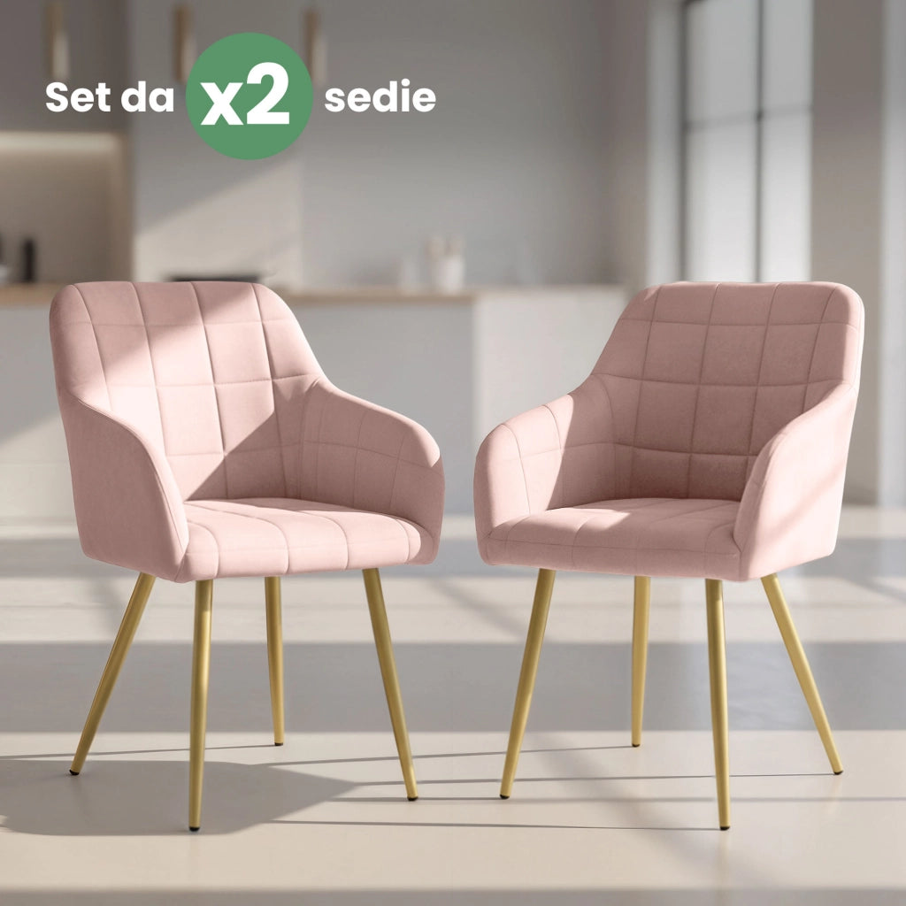 Set di 2 Sedie imbottite con cuciture quadrate LUXANO Rosa Cipria gambe oro