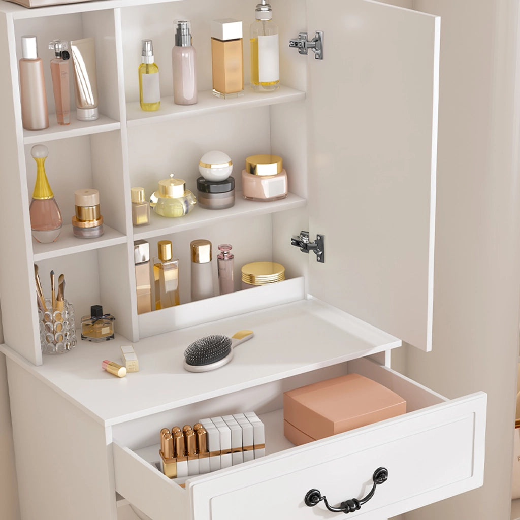 Toeletta moderna salvaspazio con specchio LED dimmerabile e sgabello imbottito in MDF bianco