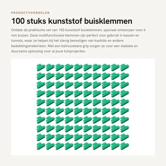 100 Klemmen in Kunststof - Multifunzionali - Per la Fissazione della Folia di Plastica - Adatti per Tubi di 6 mm - Duraturo - Klemme per Giardino
