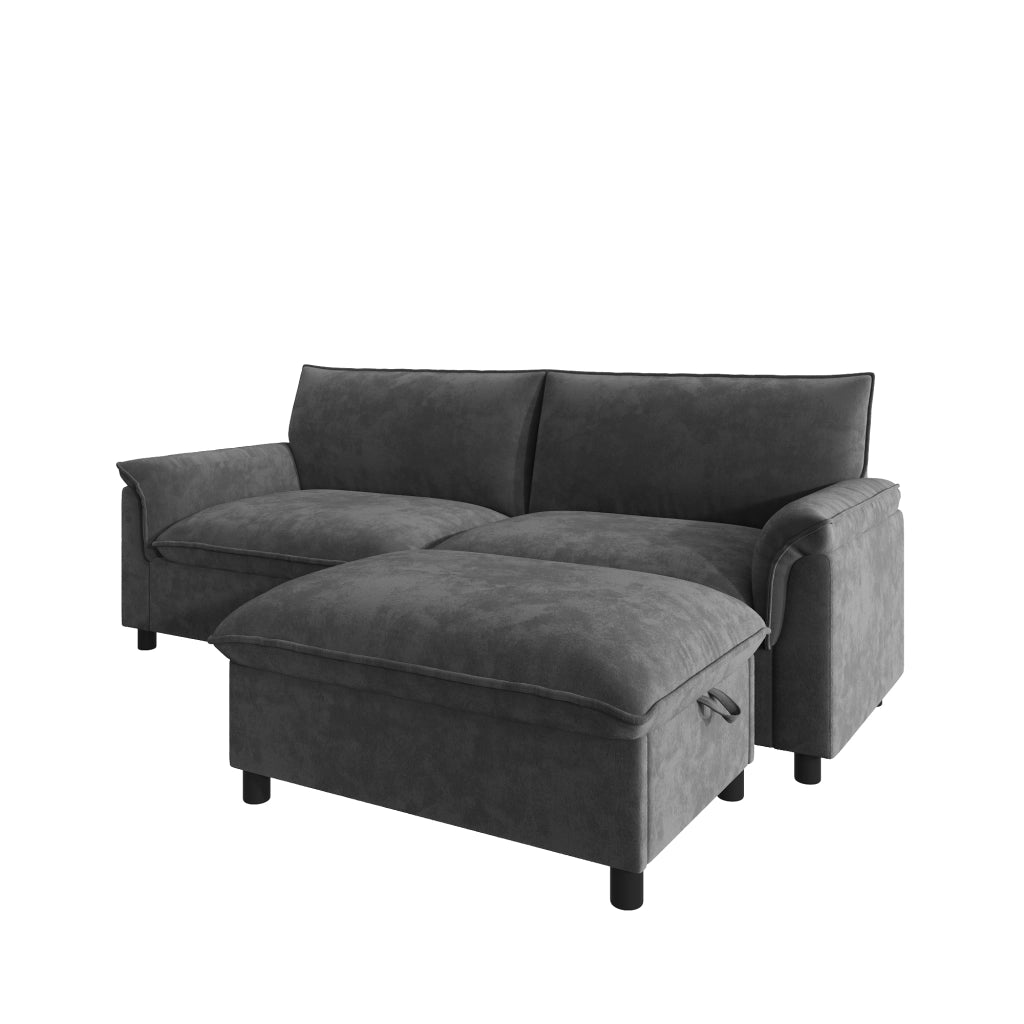 Divano modulare Cloud in chenille nero con pouf contenitore e funzione letto temporaneo