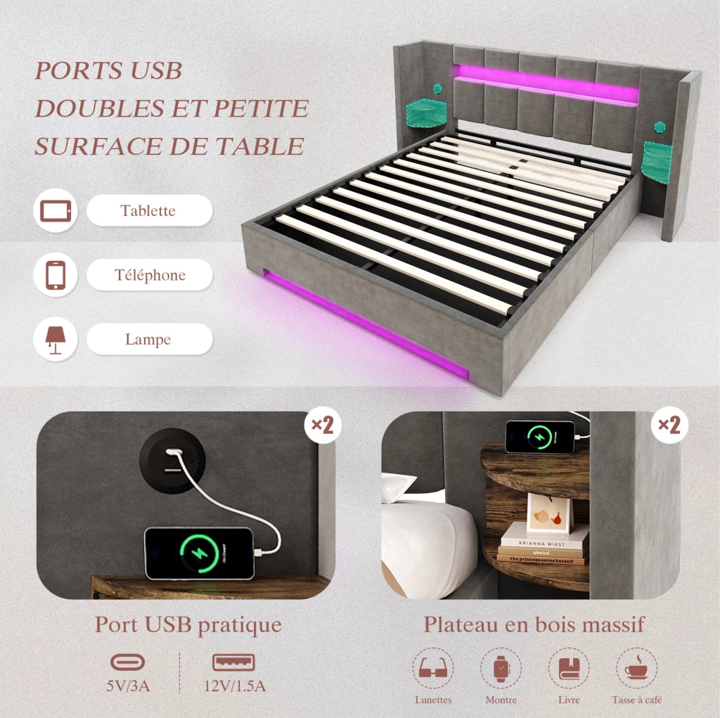Letto matrimoniale 180x200 cm con contenitore idraulico; USB e LED in velluto grigio scuro