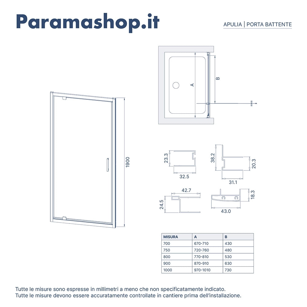 Porta doccia 90 cm apertura a battente vetro opaco | Apulia