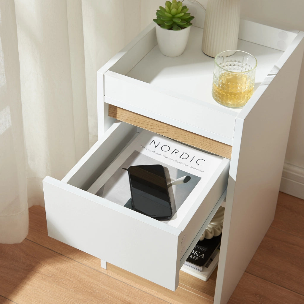 Comodino Lure con Cassetto e Vano Aperto Mobiletto Laterale 55 x 30 x 35 cm - Bianco/Effetto Rovere [en.casa]