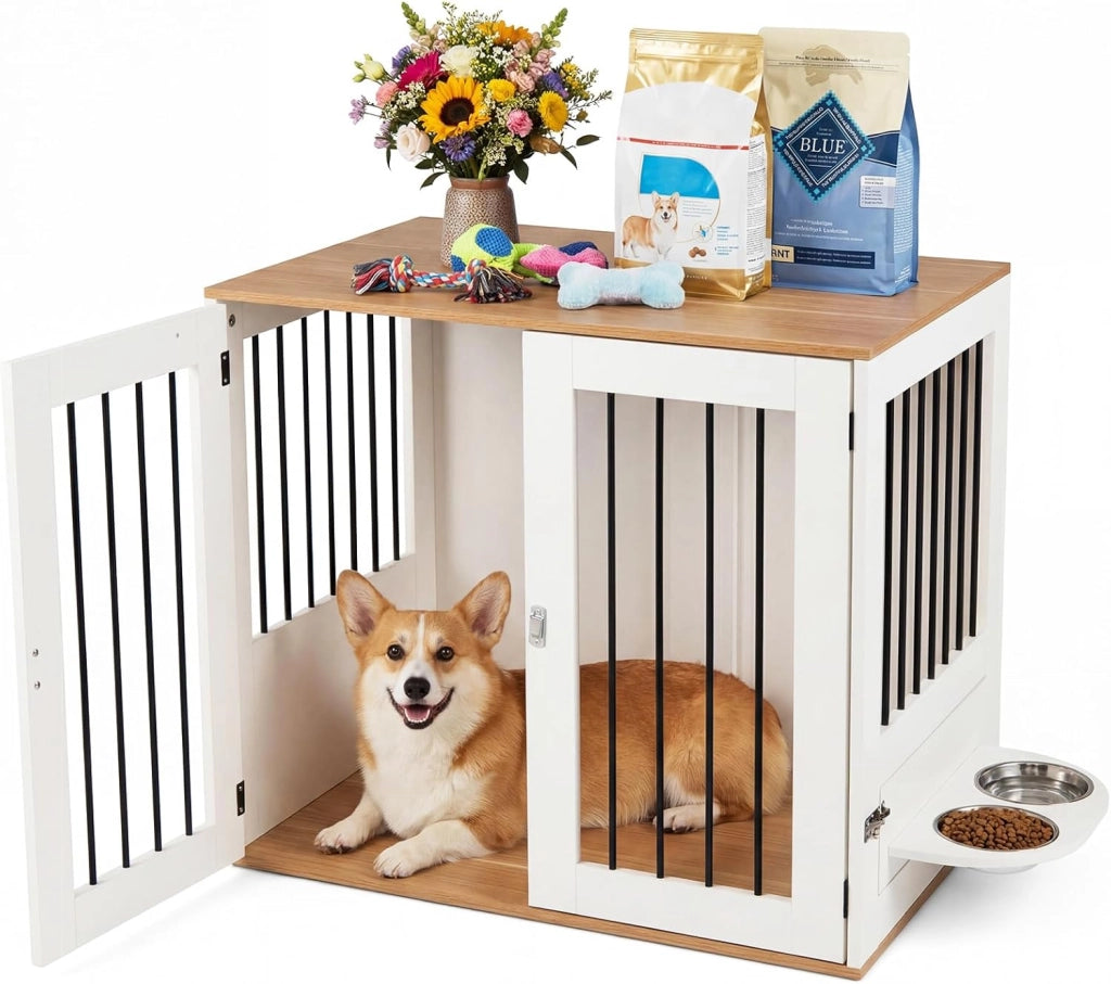Cuccia per Cani da Interno, Gabbia per Cane Piccolo e Midio con 2 Ciotole Girevoli, 2 Porte e Chiusura di Sicurezza, Casetta per Cuccioli, 80 x 66,5 x 71,5 cm