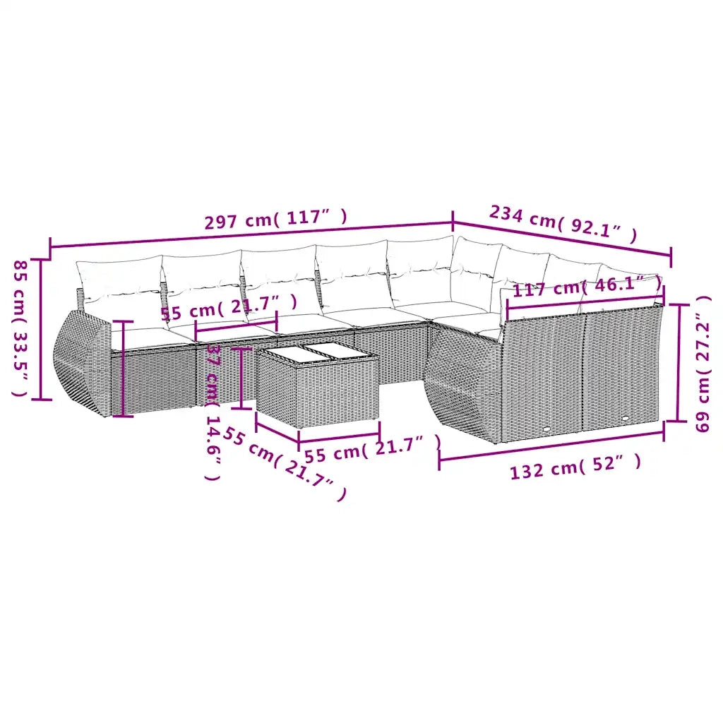 Set Divani da Giardino 10pz con Cuscini in Polyrattan Marrone