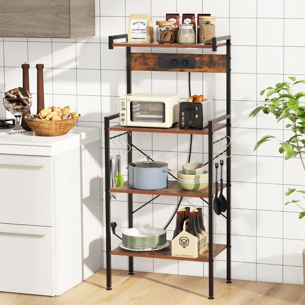 Scaffale da cucina con prese di corrente, Supporto per microonde a 4 livelli con 8 ganci a S Marrone rustico