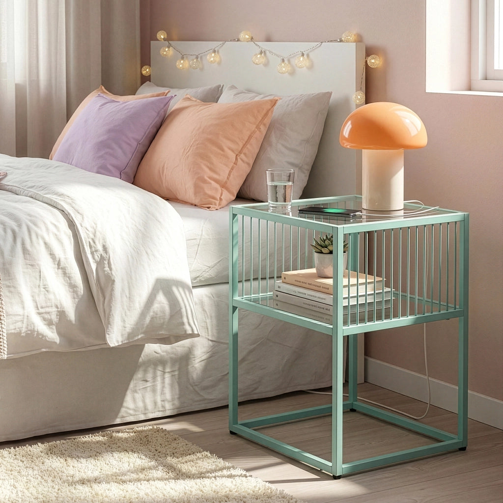 Tavolino Laterale Tronevn con Piano e Ripiano in Vetro Temperato 50 x 40 x 40 cm - Menta Verde [en.casa]
