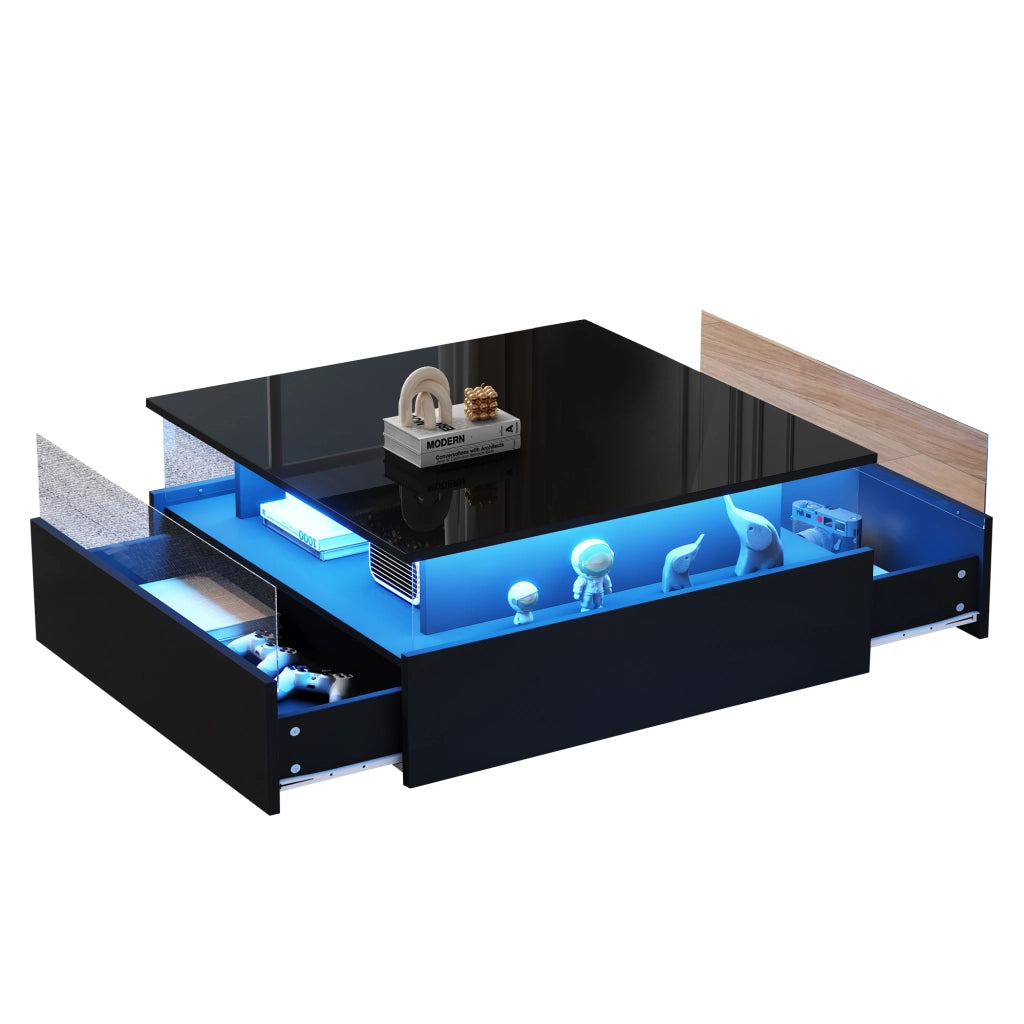 Tavolino da caff¨¨ moderno nero lucido con illuminazione LED, 2 cassetti e area espositiva trasparente, 70¡Á70¡Á41 cm, portata 30 kg