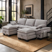 Divano modulare 3 posti in corduroy con 2 pouf; USB-C; tasche laterali; grigio chiaro