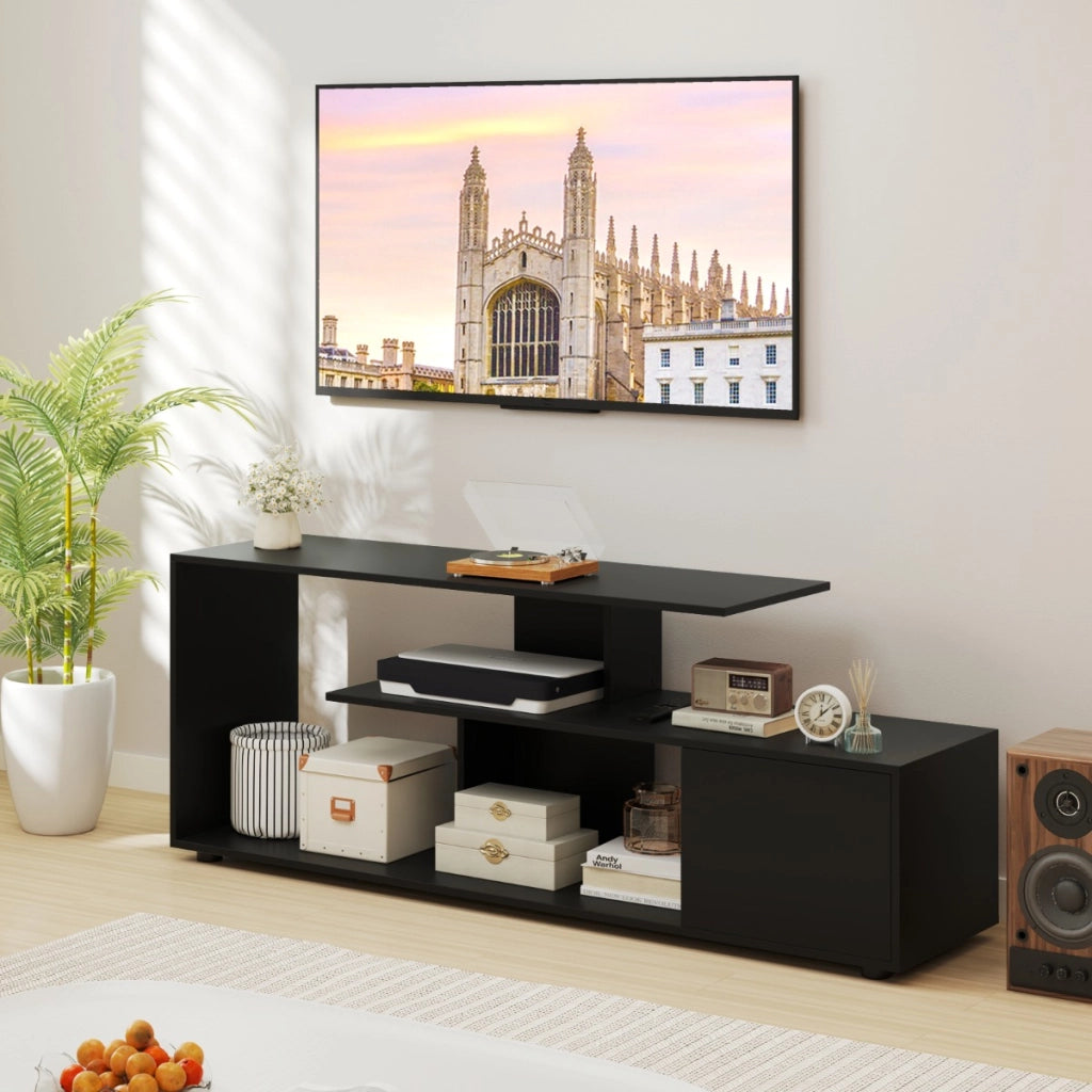 Supporto per TV con ripiani di stoccaggio e armadietto, Console media a 3 ripiani asimmetrici per soggiorno Nero