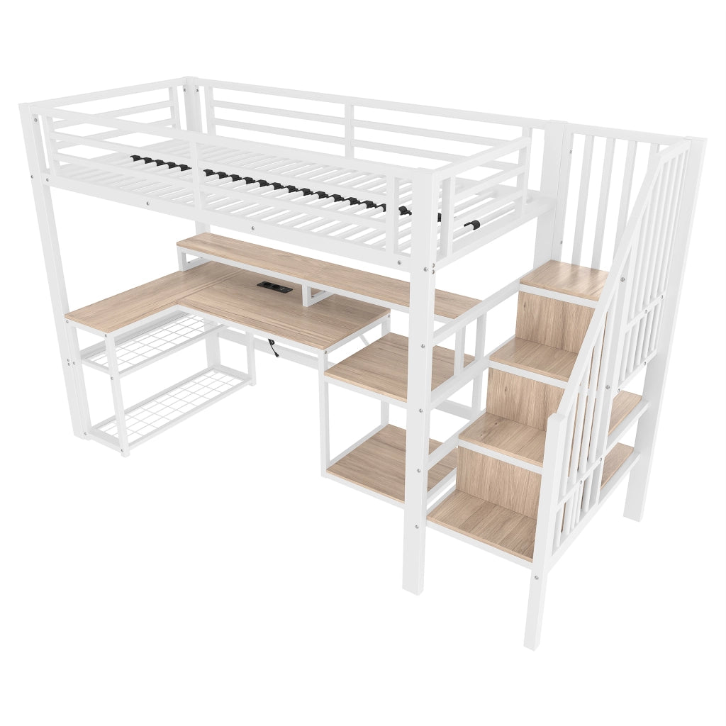 OKWISH Letto a Soppalco 90×200 cm, Letto Singolo con LED Regolabile, USB, Scrivania, Mensole e Scala con Contenitori, senza Materasso, Bianco