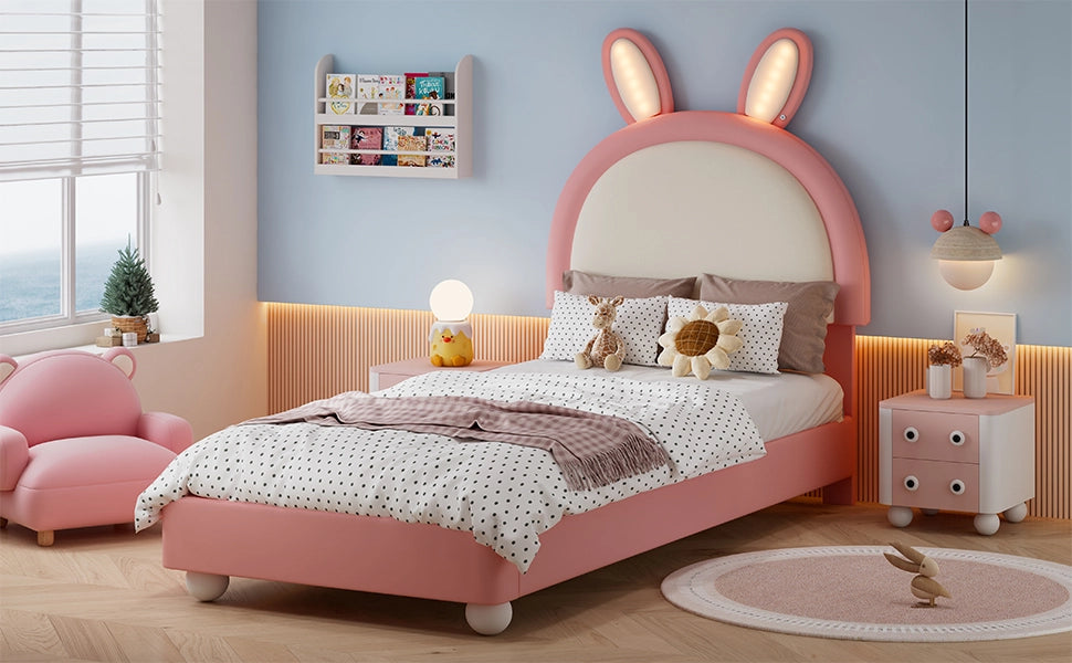 Letto imbottito per bambini con testiera a coniglio e LED, 90x200 cm, rosa/bianco