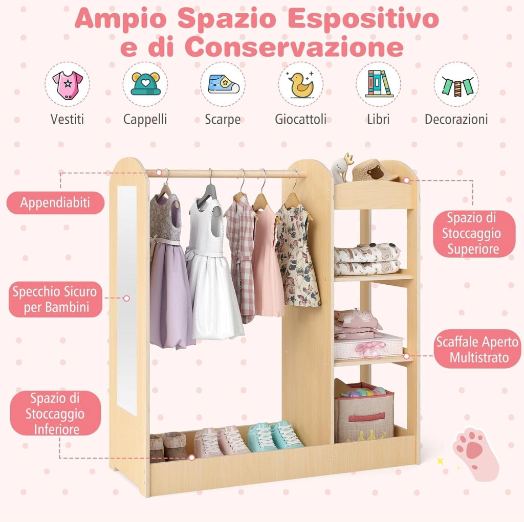 Guardaroba per Bambini in Legno, Mobile per Bambini con Specchio, Appendiabiti e Mensole, Armadio di Stoccaggio per Cameratta, 93,5 x 38 x 100 cm (Naturale)