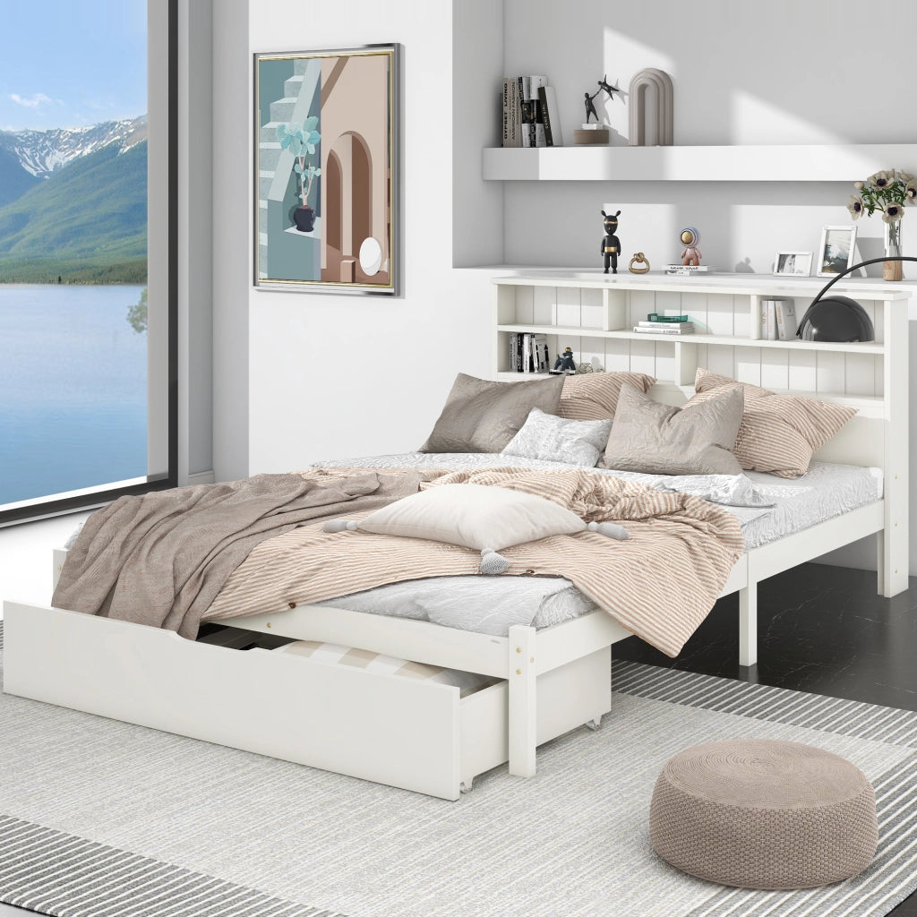 Letti contenitori 140x200 cm con testiera libreria; legno; bianco (Senza materasso)