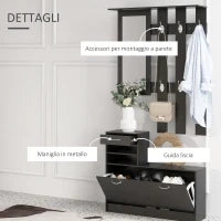 Mobile da Ingresso Appendiabiti con Scarpiera e Specchio, in Truciolato, 90x10x102 cm, Nero