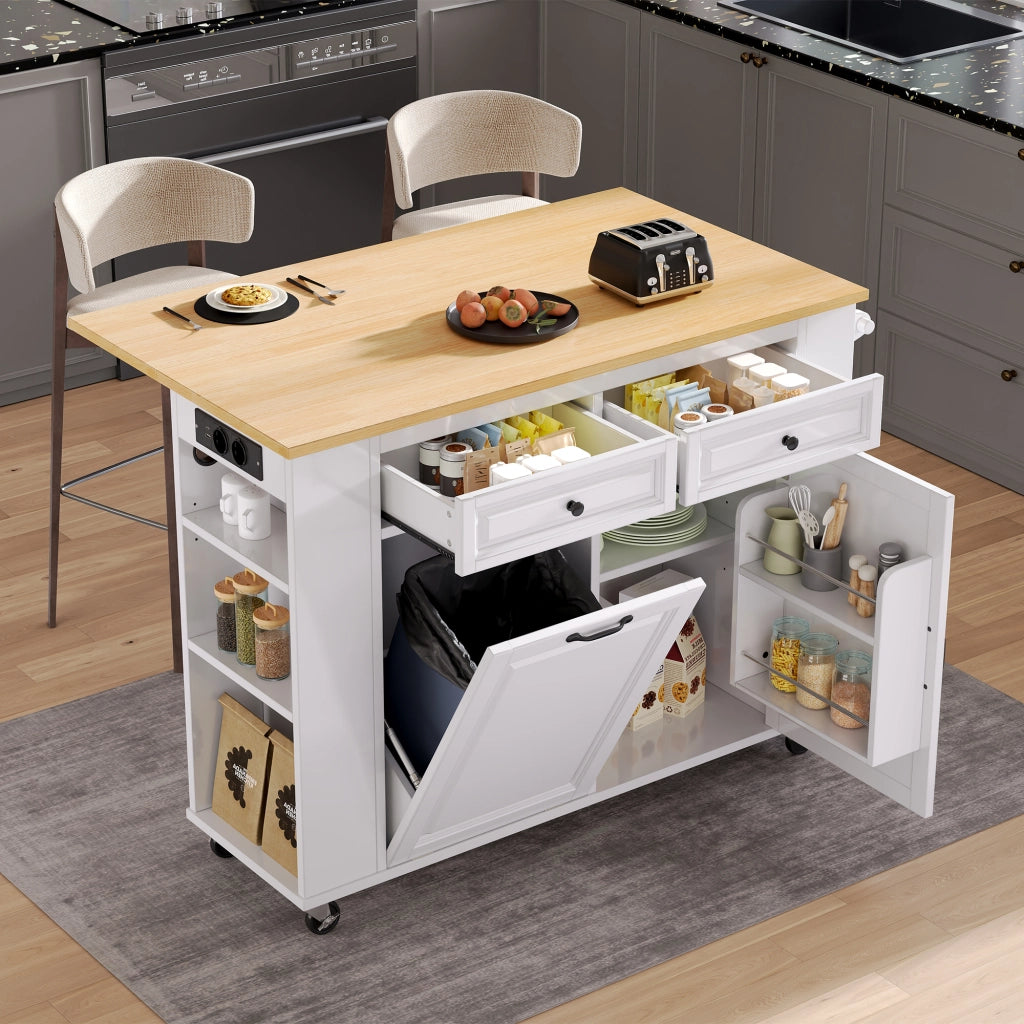 Carrello da Cucina con Piano Ribaltabile; Vano Pattumiera; Portasciugamani e Prese; 120x40-70x92 cm