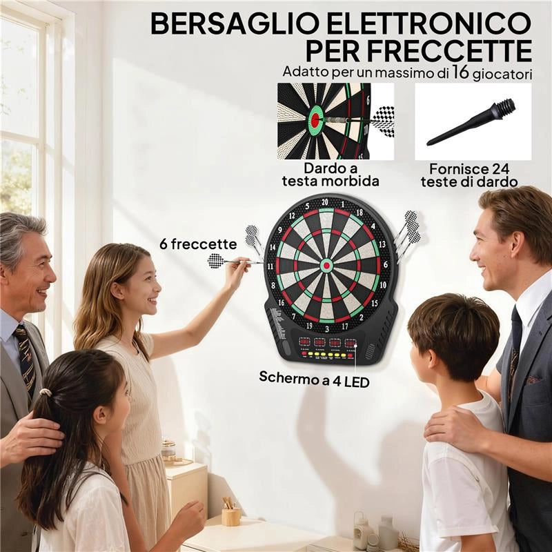 BERSAGLIO FRECCETTE CON 6 FRECCETTE, ALIMENTATORE, 4 DISPLAY LED E 27 GIOCHI, IN ABS E PP, 44X51.5X3.2 CM, NERO