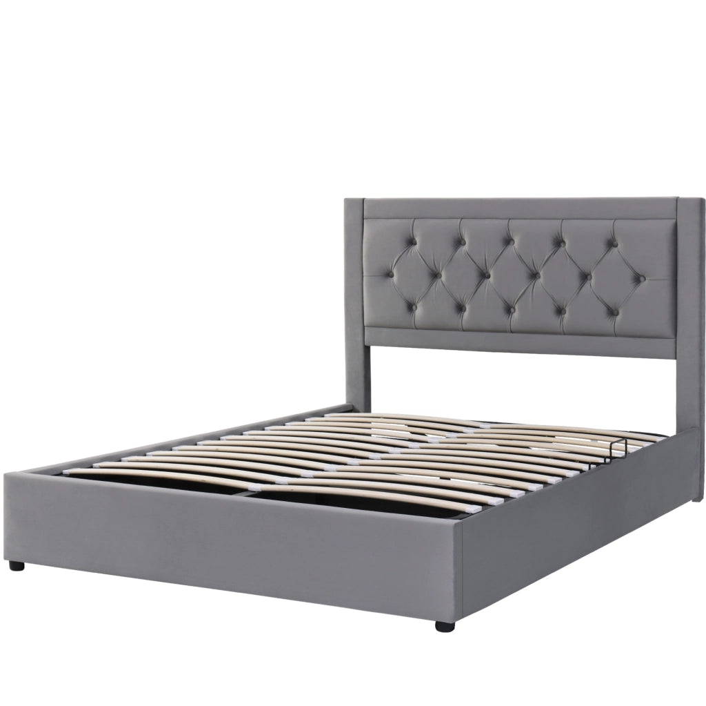 Letto imbottito con contenitore 140x200 cm in velluto grigio; struttura in acciaio