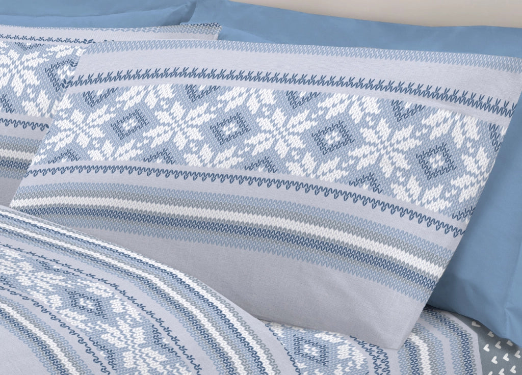 Completo Lenzuola Pensieri Delicati 100% Cotone Disegno Norvegia - Singolo - Blu