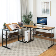 Scrivania ad angolo a forma di L 170 cm, Scrivania per computer con 2 ripiani, vassoio inclinabile, supporto per unità centrale, tavolo da computer, poco ingombrante, stile industriale (noce)