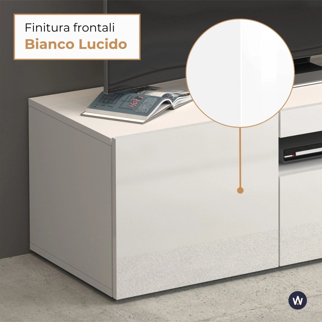 WHOUS Mobile porta tv Potenza con 1 anta laterale e 1 anta a ribalta bianco lucido 130x40x36 cm