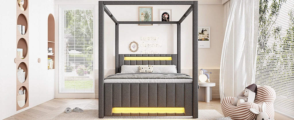 Letto imbottito con baldacchino, letto estraibile e cassetti, 140x200 cm, grigio