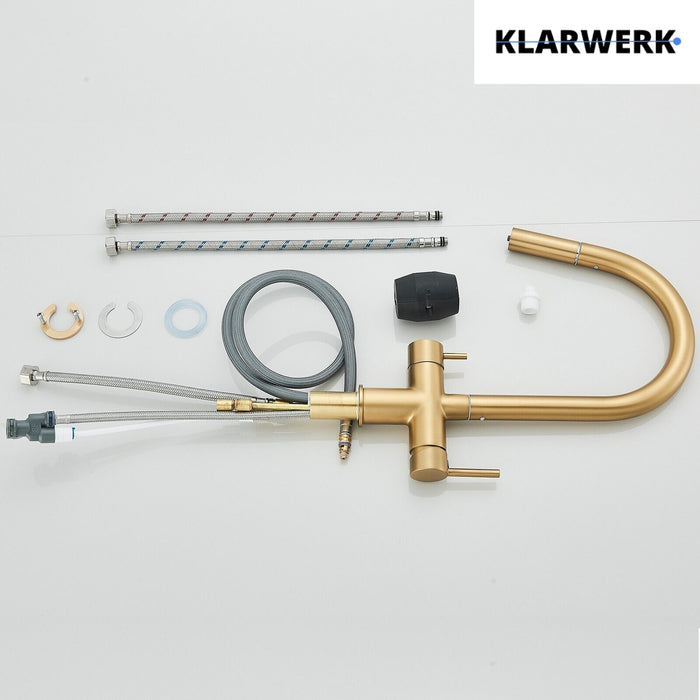 Jana | Rubinetto estensibile a 3 vie premium oro opaco | Rubinetto osmosi da cucina in acciaio inox |. Filtro 3 connessioni ad arco alto