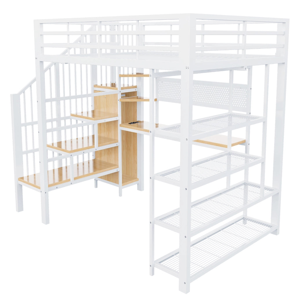 Letto a soppalco matrimoniale 140×200 cm con scala contenitore; LED; prese e ripiani; senza materasso; bianco