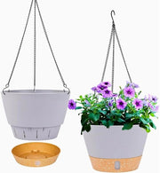 Set di 2 contenitori per piante appesi, 25,4 cm, contenitori per piante appesi per esterni ed interni, contenitore per piante con foro di drenaggio e 3 ganci per casa e giardino (grigio chiaro)