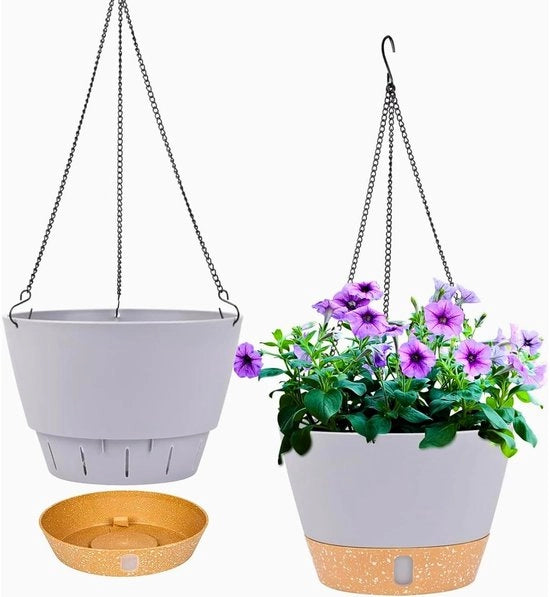 Set di 2 contenitori per piante appesi, 25,4 cm, contenitori per piante appesi per esterni ed interni, contenitore per piante con foro di drenaggio e 3 ganci per casa e giardino (grigio chiaro)