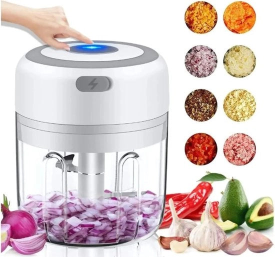 Chopper 250ml, caricabile via USB, one-touch, impermeabile all'acqua, coltello in acciaio inossidabile, adatto per l'aglio e i vegetali