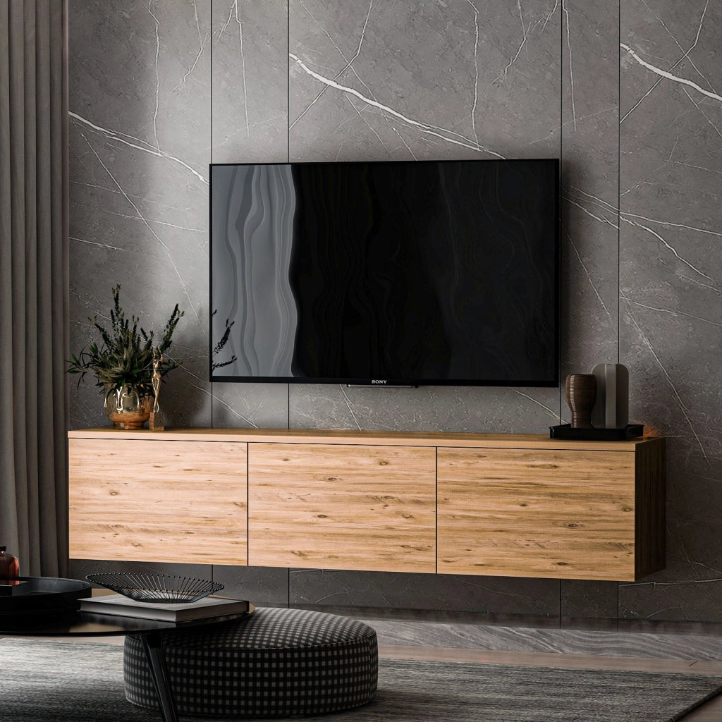 Porta TV sospeso in legno "Neon" con illuminazione LED - 160 x 32 x 35 cm - Marrone chiaro