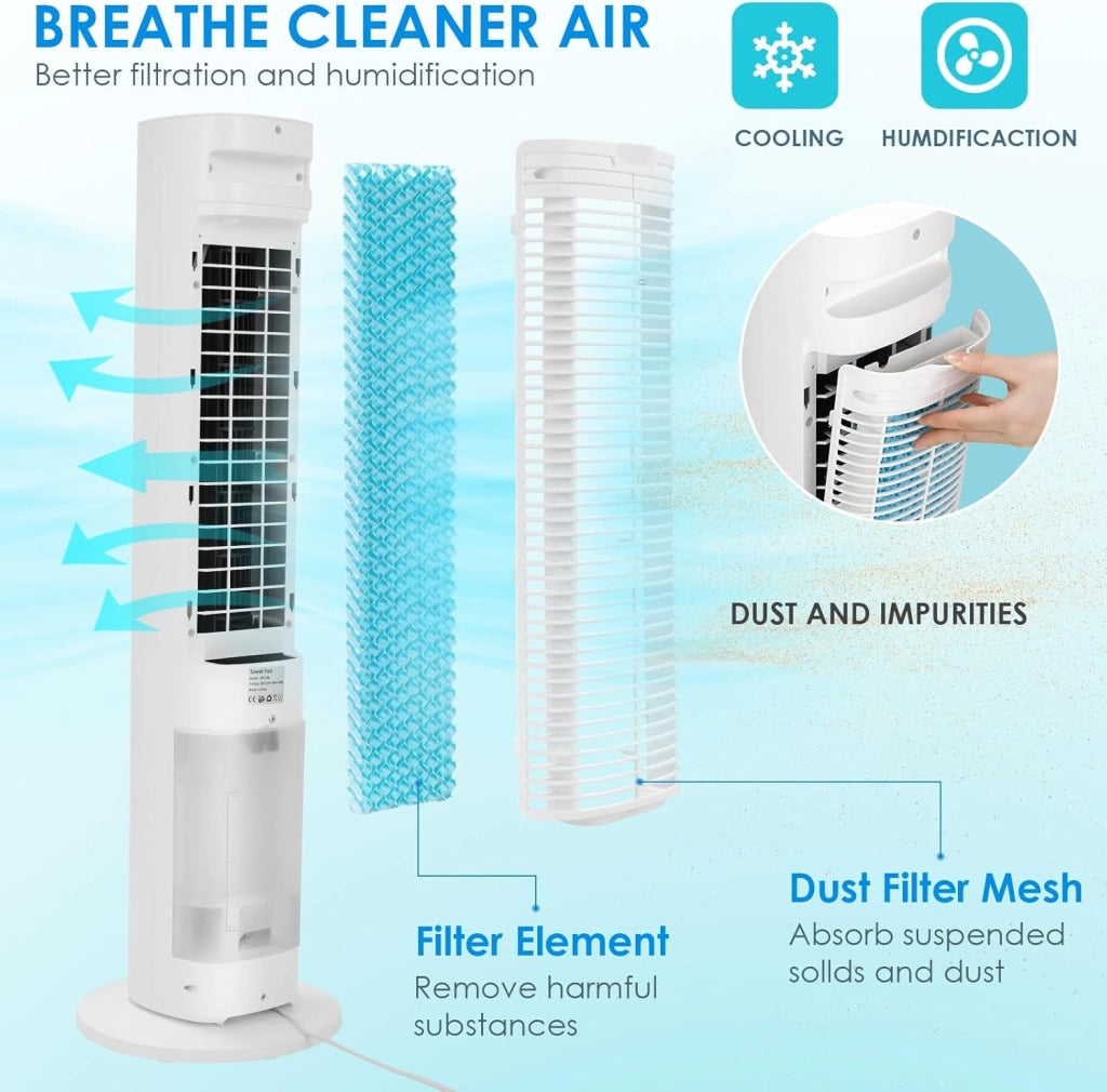 Ventilatore a torre con diffusore di aromi, telecomando a 3 livelli, con raffreddamento ad acqua, oscillazione 50°, timer 12 ore e modalità sleep per ufficio/casa, ventilatore silenzioso da