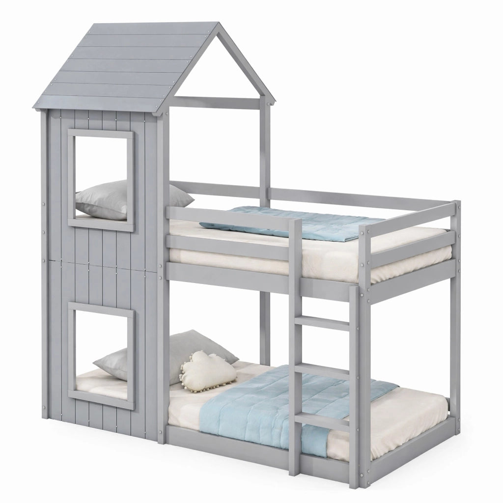 Letto a castello per bambini 90x200 cm in legno di pino, color grigio, con struttura a casetta e scaletta