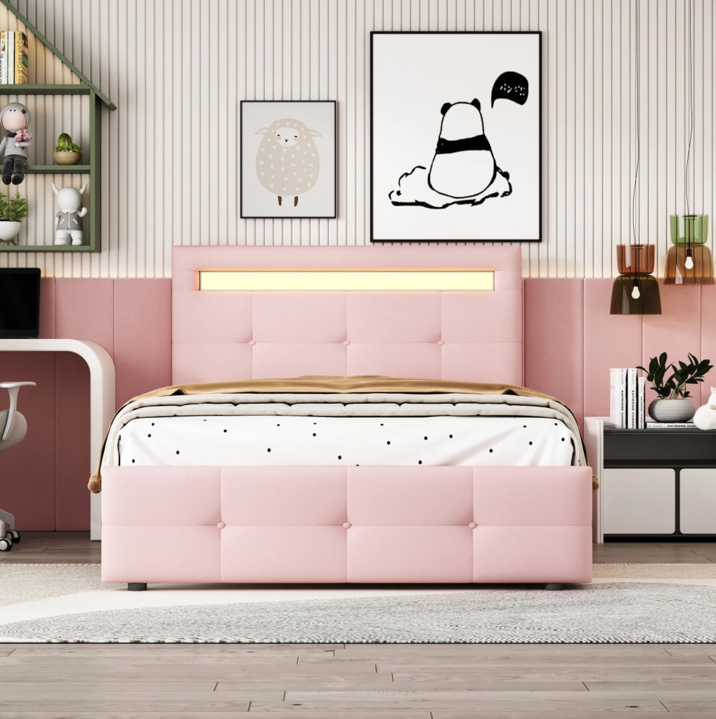 Letto singolo imbottito 90x200 cm con LED e 2 cassetti; rosa