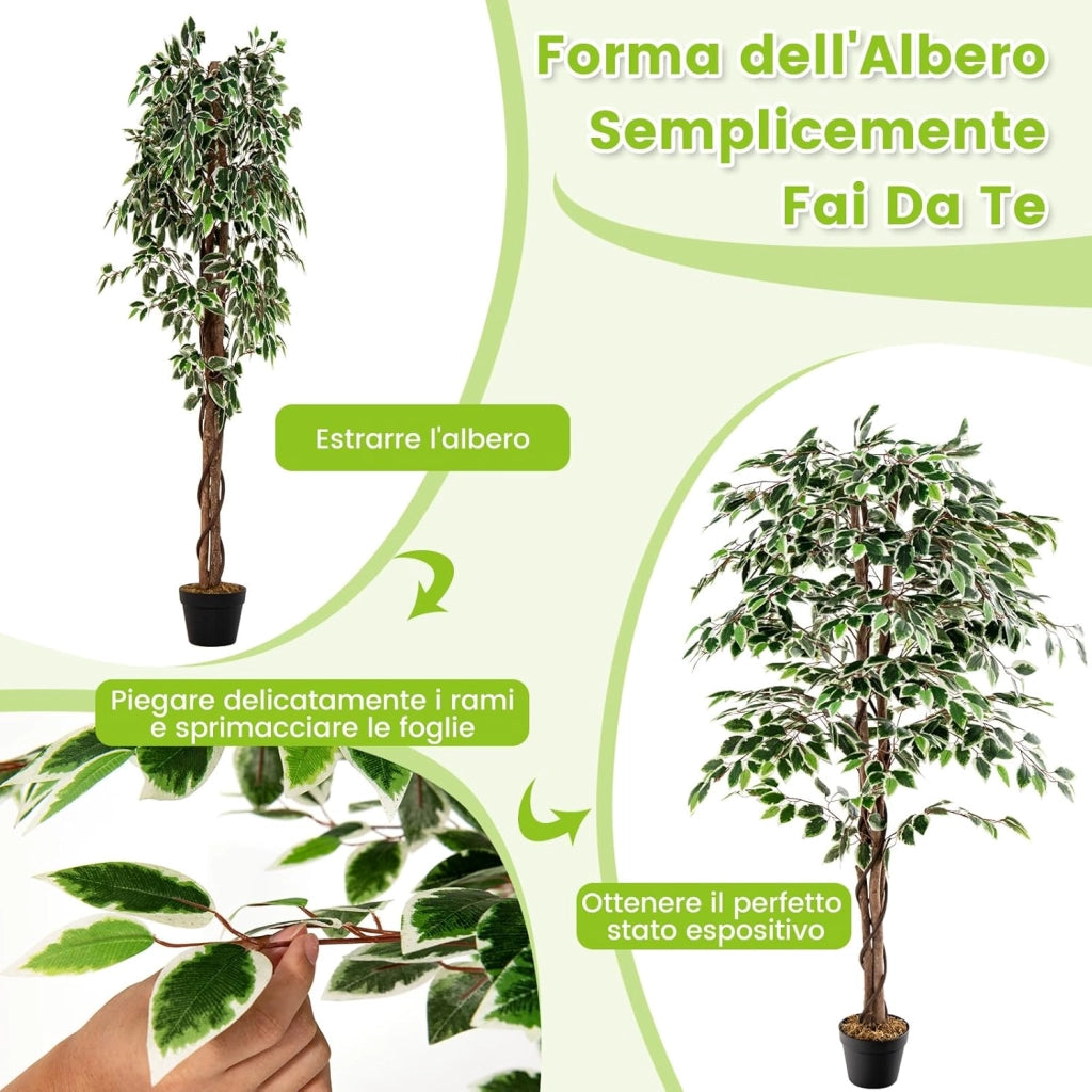 Albero di Fico Artificiale 160 CM, Pianta Finta da Interno con 1008 Foglie, Tronco Naturale in Legno, Vaso Robusto, Muschio Secco, Albero Finto per Casa, Ufficio, Soggiorno, Portico