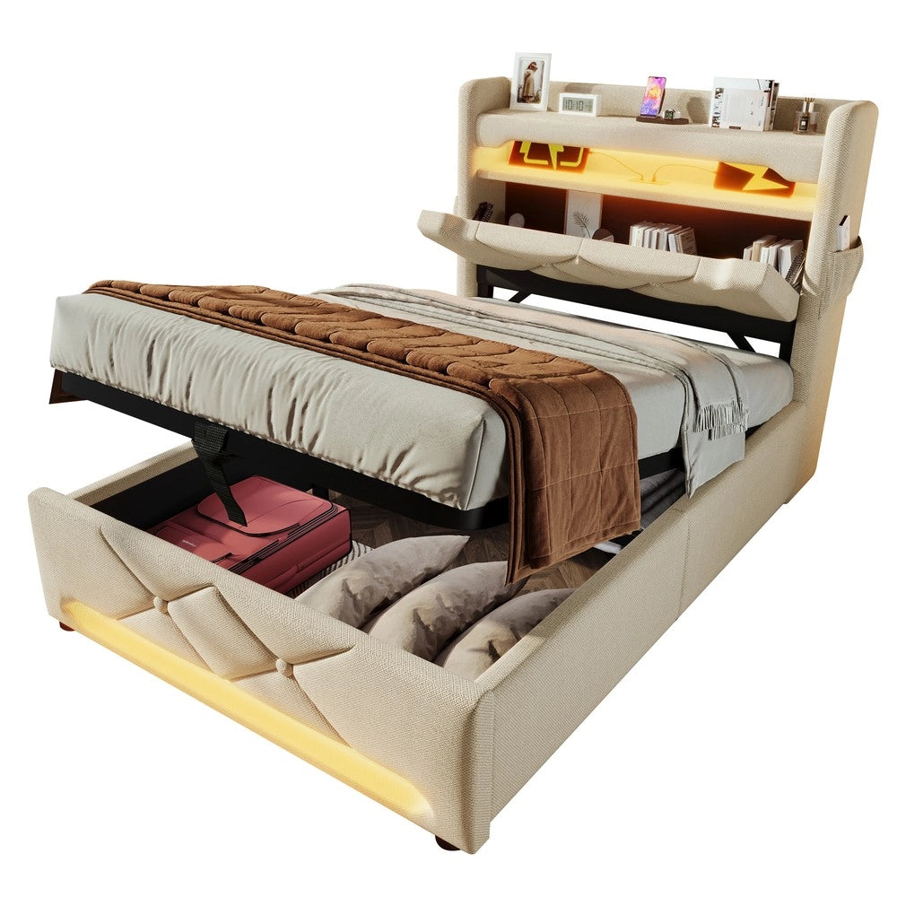 Letto Singolo Imbottito con Contenitore Idraulico e LED ¨C MINIMAL ¨C Beige, 90x200