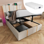 Letto imbottito 90x200 cm beige con materasso, LED e ricarica USB-C