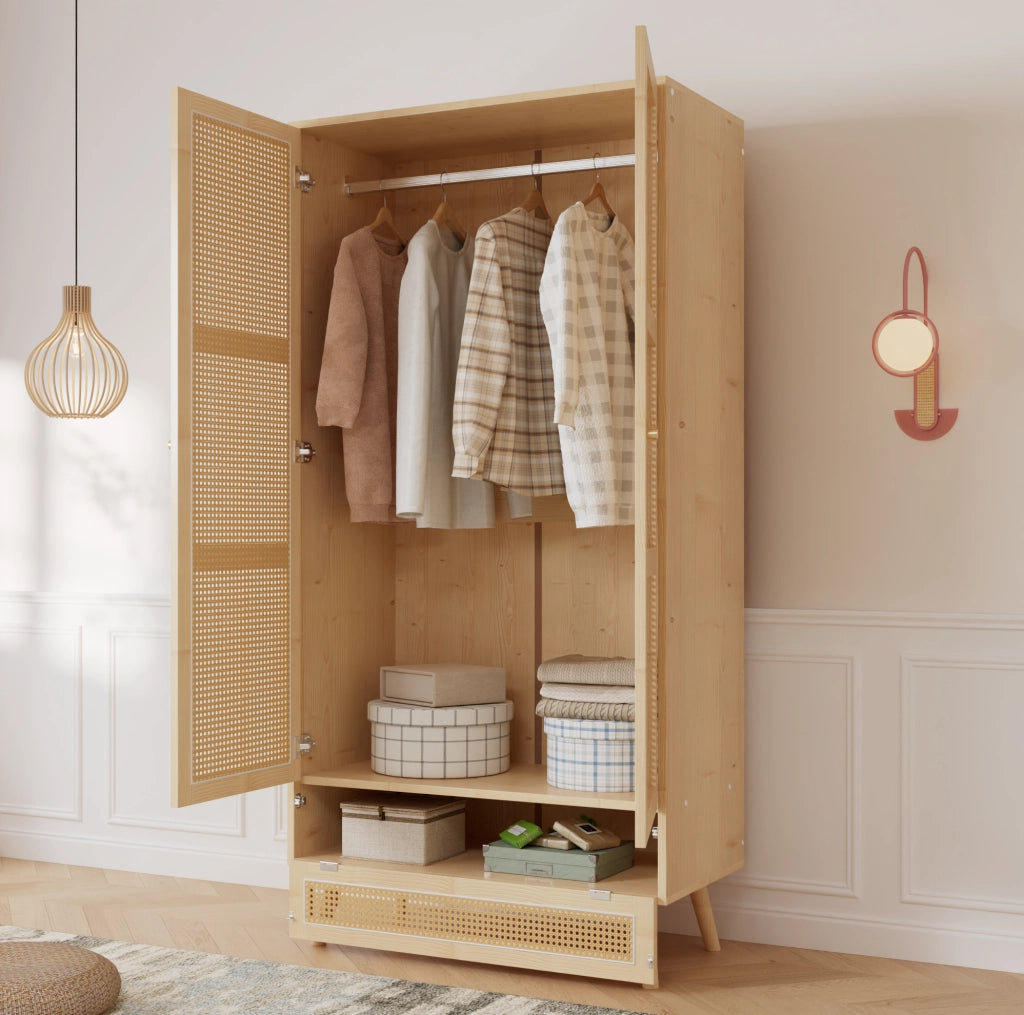 Armadio 2 ante 90x45x183 cm con appendiabiti e vano inferiore in rattan PE naturale HOMVRA