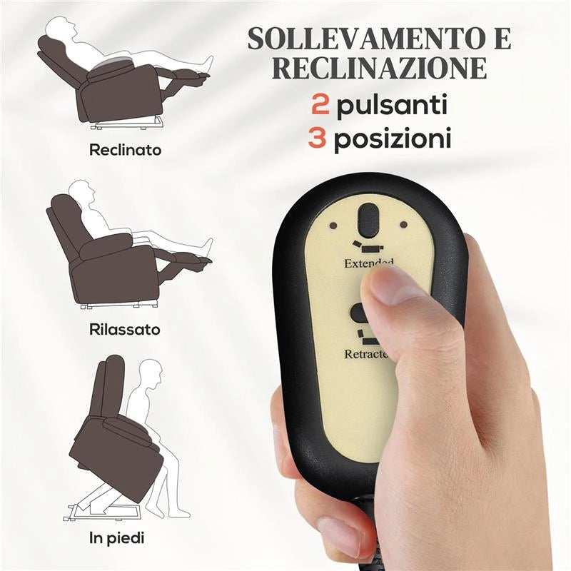 POLTRONA RELAX ALZAPERSONA E RECLINABILE CON 8 PUNTI MASSAGGIO E RISCALDAMENTO, 2 TELECOMANDI, MARRONE