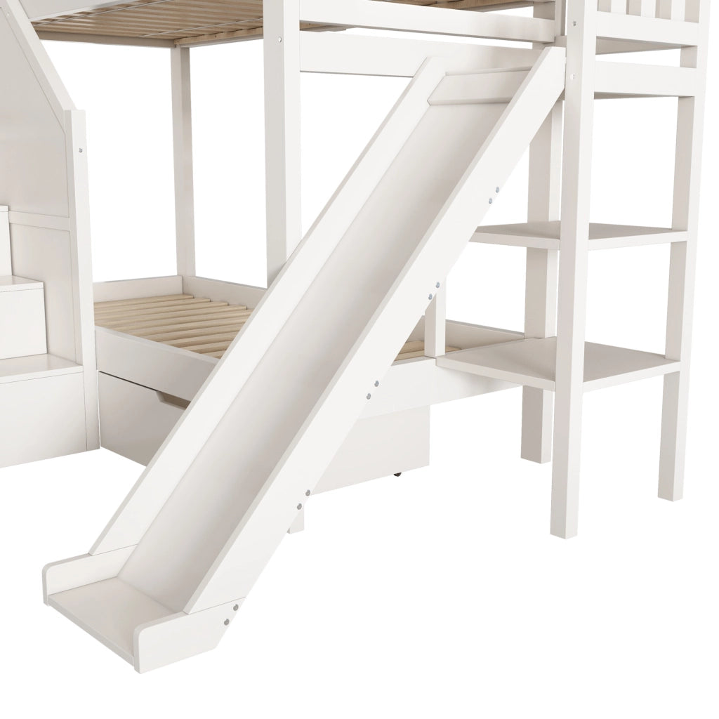 Letto a castello per bambini 90x200 cm con scivolo; scala contenitore e cassetti; bianco