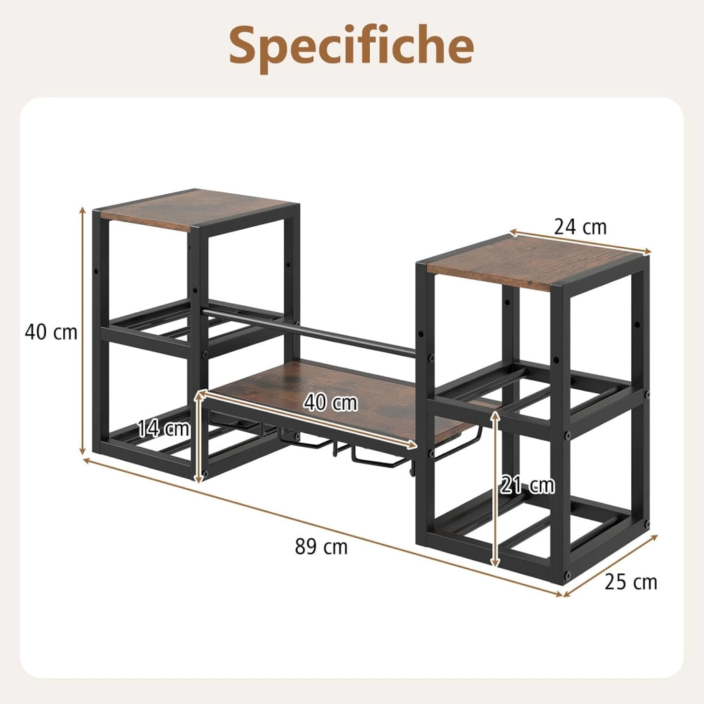 Portabottiglie da Parete con Porta Bicchieri, Struttura in Metallo per 8 Bottiglie con Ripiano Aperto, Scaffale da Muro a 3 Livelli per Sala da Pranzo e Cucina, 89 x 25 x 40 cm