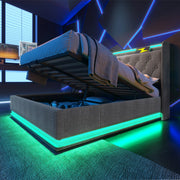 Letto Contenitore Imbottito con LED ¨C Xylo ¨C Grigio, Idraulico, Testiera USB, 140x190