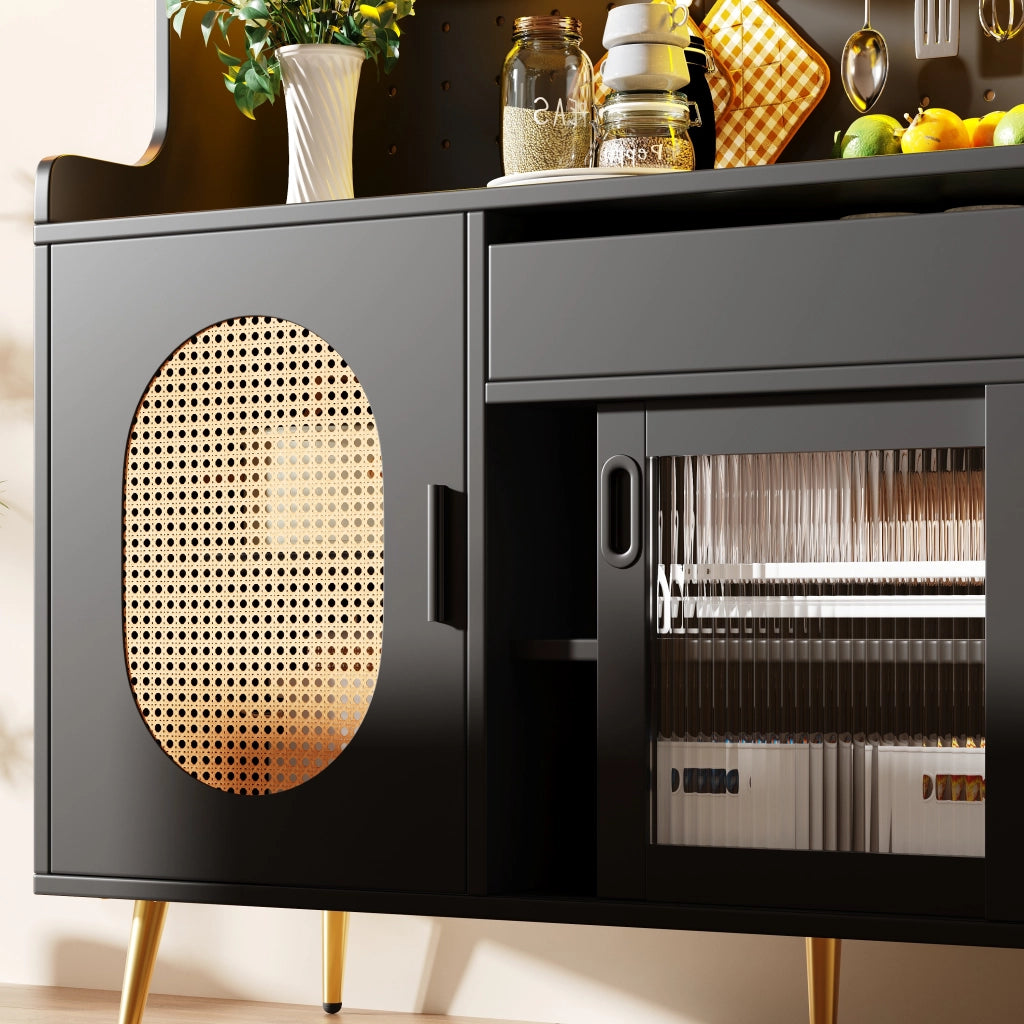 Credenza da cucina con LED controllabile tramite app; pannello forato; MDF nero; 145 × 39 × 171 cm